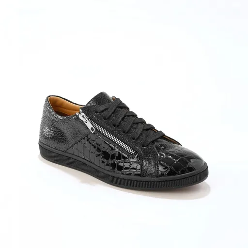 Adidași cu șireturi joase din piele lăcuită cu fermoar