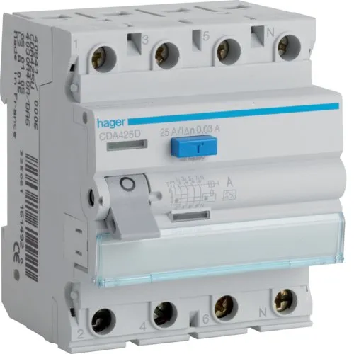 Intrerupator diferential RCCB 4P 25A/30mA 4.5kA tip A Hager CDA425D