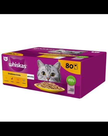 Plicuri WHISKAS Adult 80x85g in aspic Poultry Feast hrana umeda completa pentru pisici adulte cu bucati pui, rata, pasare, curcan