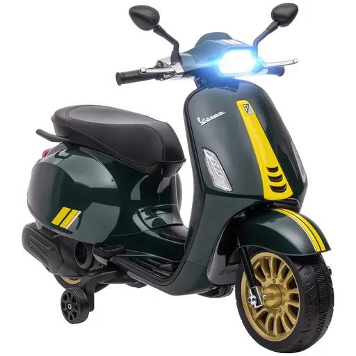 AIYAPLAY Motocicletă electrică pentru copii Vespa 6V dim. 107L x 47l x 73H cm Muzică MP3 Port USB Far 2 roți de antrenare - Verde | Aosom Romania