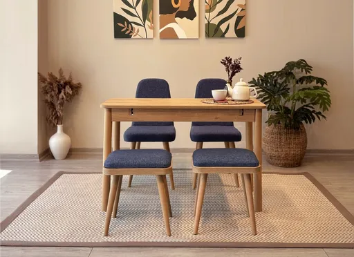 Set masa extensibila si scaune, Hanah Home, Vina Mini 02 1048, Stejar / Albastru închis
