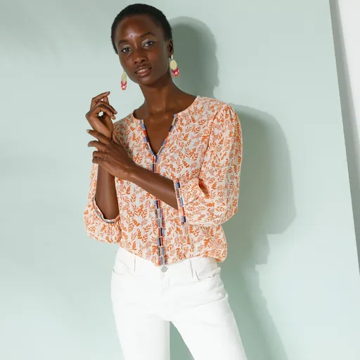 Bluză din bumbac brodată cu imprimeu