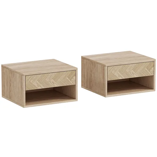 HOMCOM Set de 2 Noptiere Suspendate cu Sertar și Compartiment 37x32x21 cm Lemn Natural | Aosom Romania