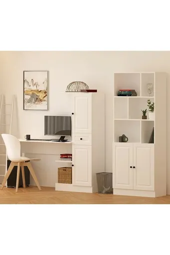 Set birou si biblioteca, Hanah Home, Rb1000401557, 155x150x40 cm, Alb mat