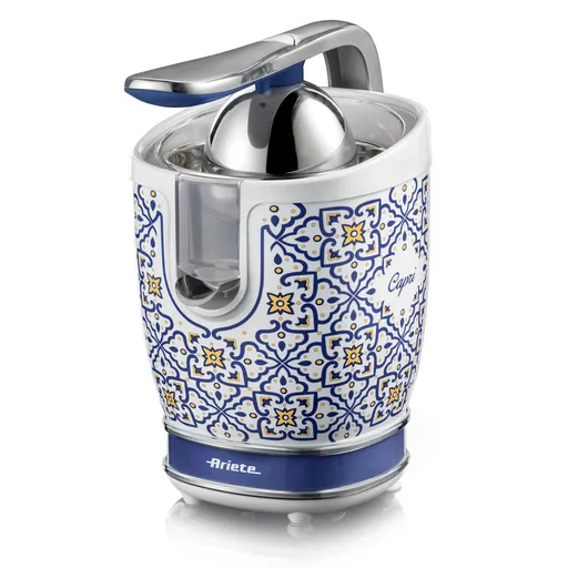 Presa electrica pentru citrice Ariete VINTAGE JUICER 0413/0C, 85W, Corp metalic, Functionare silentioasa, 2 atasamente, Alb/Albastru