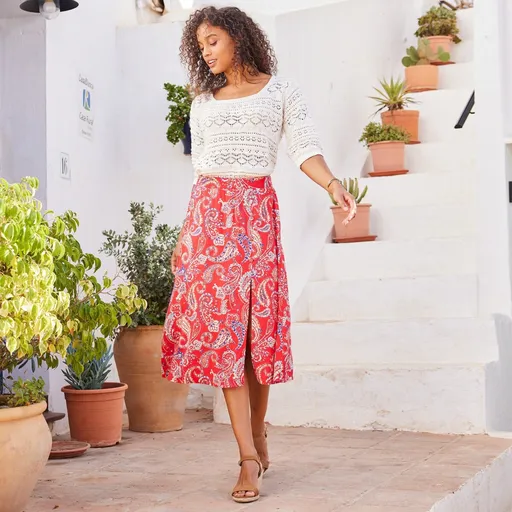 Fustă imprimată cu fantă cu nasturi