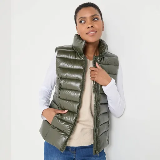 Vestă matlasată impermeabilă cu fermoar și efect metalic