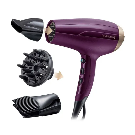 Uscator de par Remington Your Style D5219, 2300 W, 3 trepte de caldura, 2 viteze, Functie Ionica, 3 accesorii, Mov/Negru