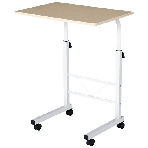 HOMCOM Suport lateral reglabil pe înălțime mobilă masă de cafea cu roți frânare C-Tables Placă de lemn Oțel Metal Plastica Alb Fag 60 x 40 x 68-78 cm