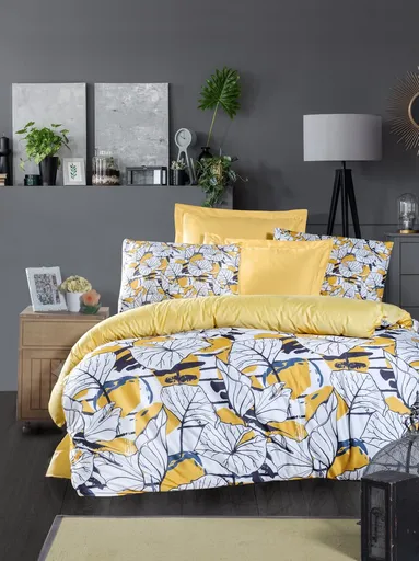 Lenjerie de pat dubla 3 piese, L'essentiel Maison, Cassie, Galben / Alb / Albastru închis