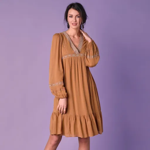 Rochie de culoare solidă brodată, stil popular