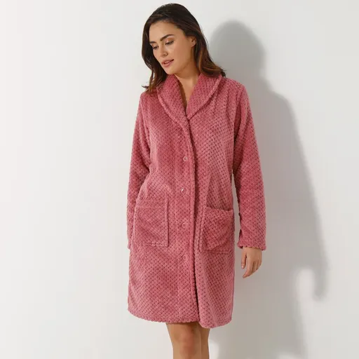 Halat de baie din fleece cu nasturi, guler șal și textură