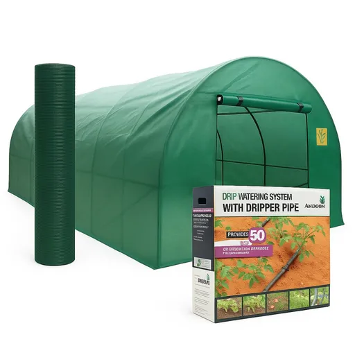 Pachet solar gradina, sera legume 8 x 3 x 2m, otel galvanizat + Plasa de umbrire 80%, 80g/mp, 2x20m, material HDPE, protectie UV + Kit sistem de iriga