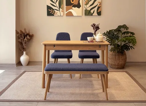 Set masa extensibila si scaune, Hanah Home, Vina Mini 01 1048, Stejar / Albastru închis