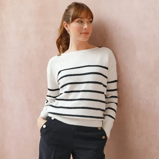 Pulover cu guler tip barcă, cu dungi