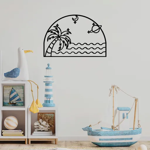 Decoratiune de perete, Palm Sea Moon, Dimensiune: 70 x 47 cm, Negru