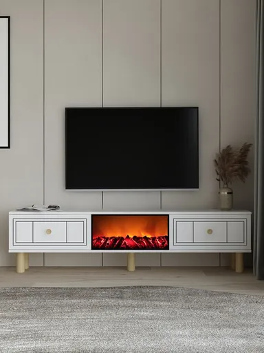 Comoda TV, Hanah Home, Dario Bohem Fireplace, 150x44.6x29.6 cm, PAL , Alb