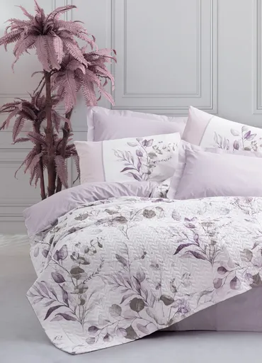 Lenjerie de pat dubla 4 anotimpuri, L'essentiel Maison, Nadia, Bumbac Ranforce, Liliac / Alb