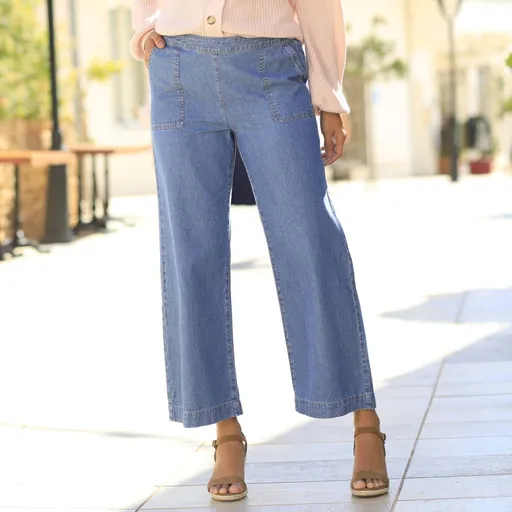 Blugi cu croială largă și talie elastică la spate