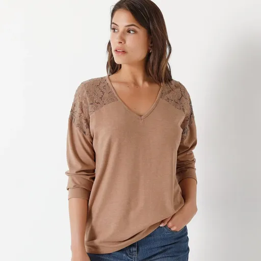 Tricou cu mânecă lungă și decolteu în V, cu dantelă