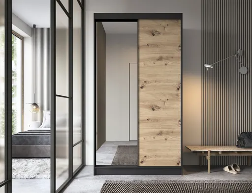 Dulap pentru haine cu oglinda ELTAP, Esville II, 120x60x220 cm, MDF/ABS, negru/stejar