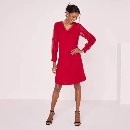 Rochie dreaptă cu mâneci lungi cu broderie