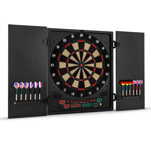 KLARFIT Dartchamp, negru – țintă electronică de darts cu săgeți și uși frontale