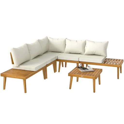 Outsunny Salon de grădină în aer liber, 5 locuri, modular din lemn de acacia, canapea unghiulară în aer liber cu masă de cafea și perne | Aosom Romani