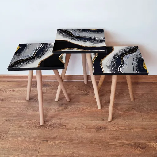 Set masute 3 piese, Hanah Home, 3Shp285, Alb / Negru / Gri