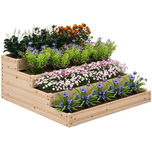 Outsunny Cadrul de grădină patrat fără fund, 4 etaje pentru plante, legume, fructe, flori, 113 x 113 x 46 cm lemn natural | Aosom Romania
