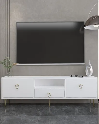 Comoda TV, Hanah Home, 1306-DROP-1, 140x45x30 cm, PAL , Alb/Auriu