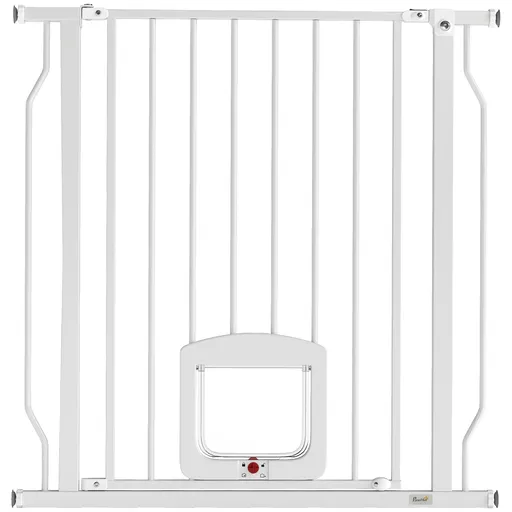 PawHut Poartă pentru Câini și Pisici Extensibilă cu Ușă Integrată, Poartă din Oțel și ABS, 75-85x2x76 cm, Alb | Aosom Romania