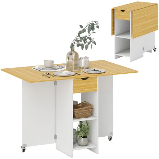HOMCOM Masă Pliabilă, Masă Rabatabilă pentru 2-4 Persoane cu Sertar, 2 Rafturi și 2 Roți, 114,5x70x75 cm, Stejar | Aosom Romania