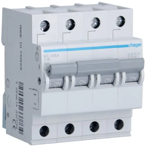 Siguranta automata 4P, 16A, 6kA, C, Hager MC416A