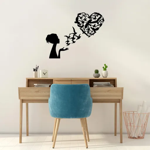 Decoratiune de perete, Birds Woman Heart, Dimensiune: 63 x 50 cm, Negru