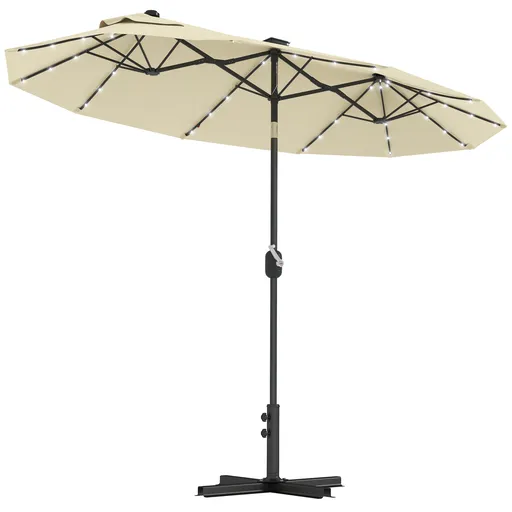 Outsunny Umbrelă Dublă Înclinabilă cu Manivelă, Lumini LED, Bază în Cruce şi Orificii de Ventilaţie, 295x150 cm, Alb Crem | Aosom Romania