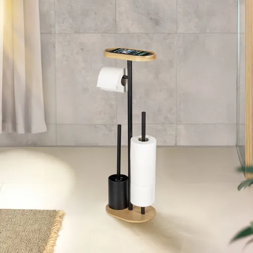 Suport pentru hartie igienica si perie toaleta Pomarolo, Wenko, 25x17x70.5 cm, bambus/otel, natur/negru