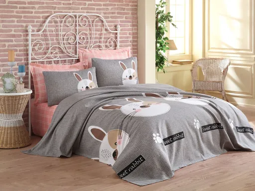 Set cuvertura pique dubla, L'essentiel Maison, Tavşancık, Bumbac, Grey / Brown / Beige / Black / Pink