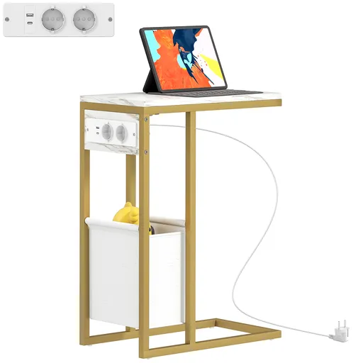 HOMCOM Masă auxiliară în formă de C cu stație de încărcare, buzunar de depozitare din material textil cu aspect marmură, 46 x 25 x 62,5 cm, alb | Aoso