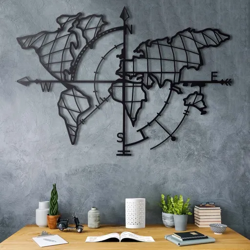 Decoratiune de perete, World Map Compass, Dimensiune: 65 x 95 cm, Negru