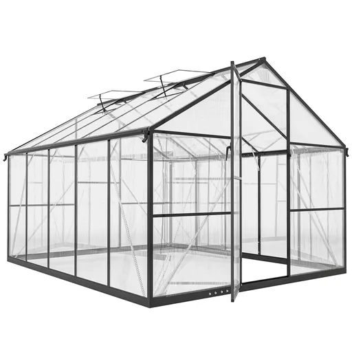 Seră de grădină Outsunny din aluminiu și policarbonat, 7,5㎡, cu ușă cu balamale, 2 ferestre reglabile, sistem de drenaj, anti-UV, 304x247x205cm, negru