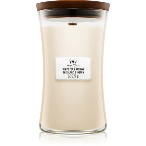 Woodwick White Tea & Jasmine lumânare parfumată cu fitil din lemn 609.5 g