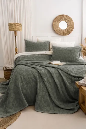 Set cuvertura de pat dubla 3 piese, L'essentiel Maison, Bambi, Bumbac, Verde