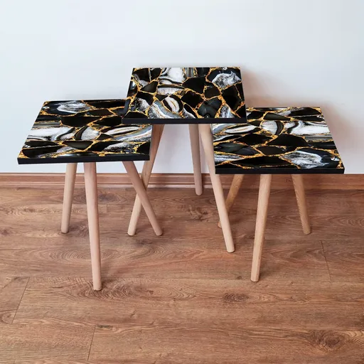 Set masute 3 piese, Hanah Home, 3Shp99, Negru / Auriu / Alb