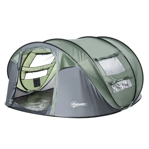 Outsunny Cort de Camping Pop Up pentru 2 Persoane cu 2 Uși, 4 Ferestre și Înveliș Impermeabil, 263.5x220x123 cm, Verde | Aosom Romania