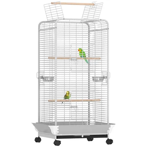 PawHut Cușcă pentru Papagali cu Ruedas Perches Hrănitori și Tavă Detașabilă Pajarera pentru Cacatúas Cotorras 79x73x146cm Gri Deschis | Aosom Romania