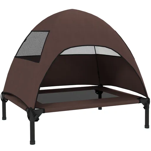 PawHut Cușetă pentru câini de exterior cu acoperiș, pat ridicat pentru câini de talie medie, 76 x 61 x 71cm, Cafea | Aosom Romania