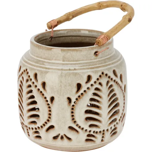 Felinar din porțelan cu mâner din bambus 14,5 x14 cm, bej, bej