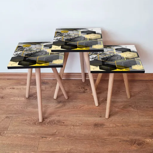 Set masute 3 piese, Hanah Home, 3Shp162, Negru / Gri / Auriu