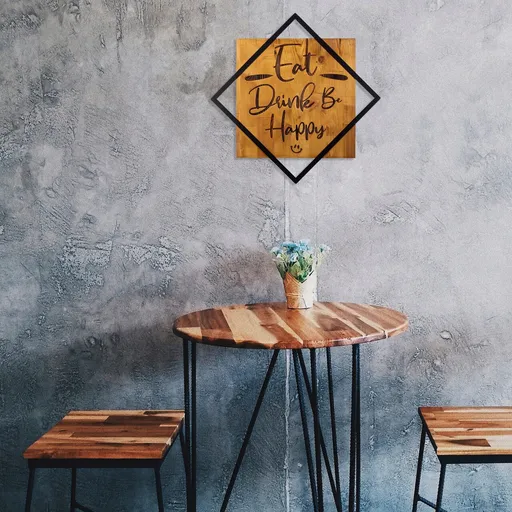 Decoratiune de perete, Eat, Bea Be, Fericit, Dimensiune: 54 x 54 cm, Nuc / Negru